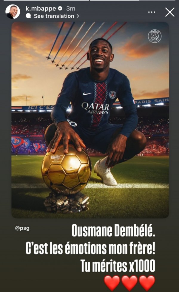 Ông M chúc mừng Dembele! MBAPPE: Anh trai thật thú vị! Bạn đáng giá hàng ngàn lần! ❤